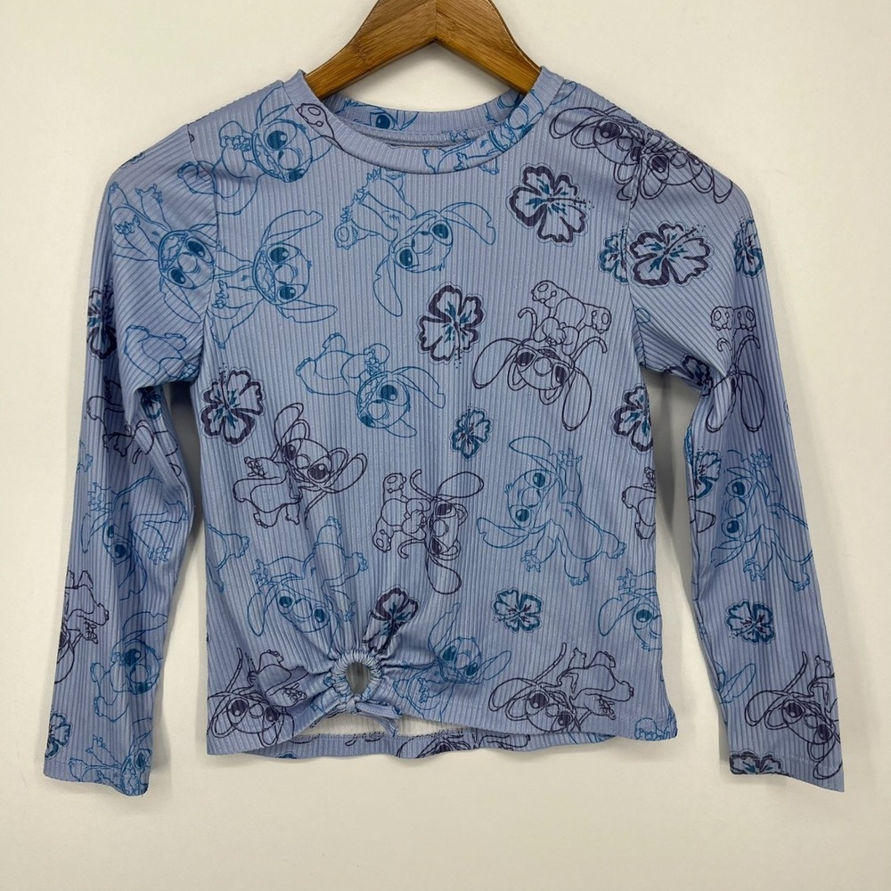 Disney Lilo & Stitch Long Sleeve Top Girl's Size S Blue Ribbed Graphic Print